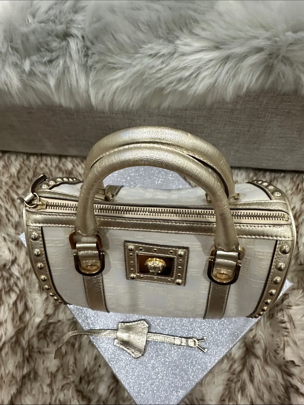 VERSACE Gold and Cream Logo Medusa & Greek key chain Satchel Handbag w/ lock-key